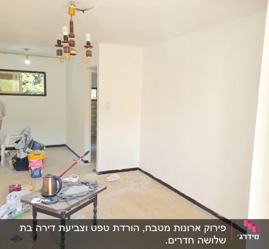חדר בשיפוץ עם כלים וחומרי בנייה על הרצפה